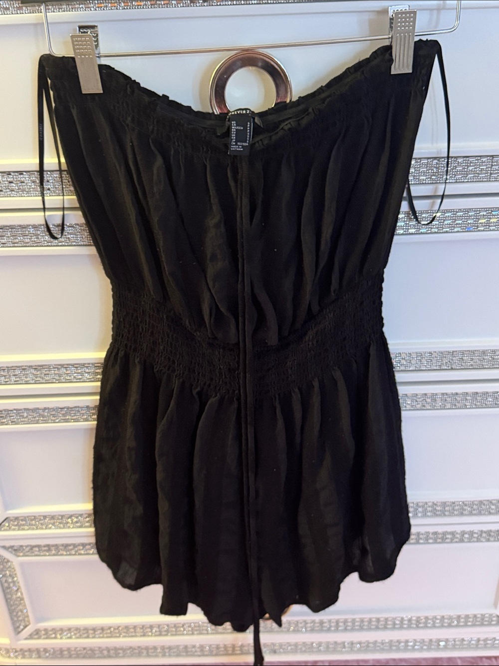 Black Strapless Smocked Waist Romper (Shorts)